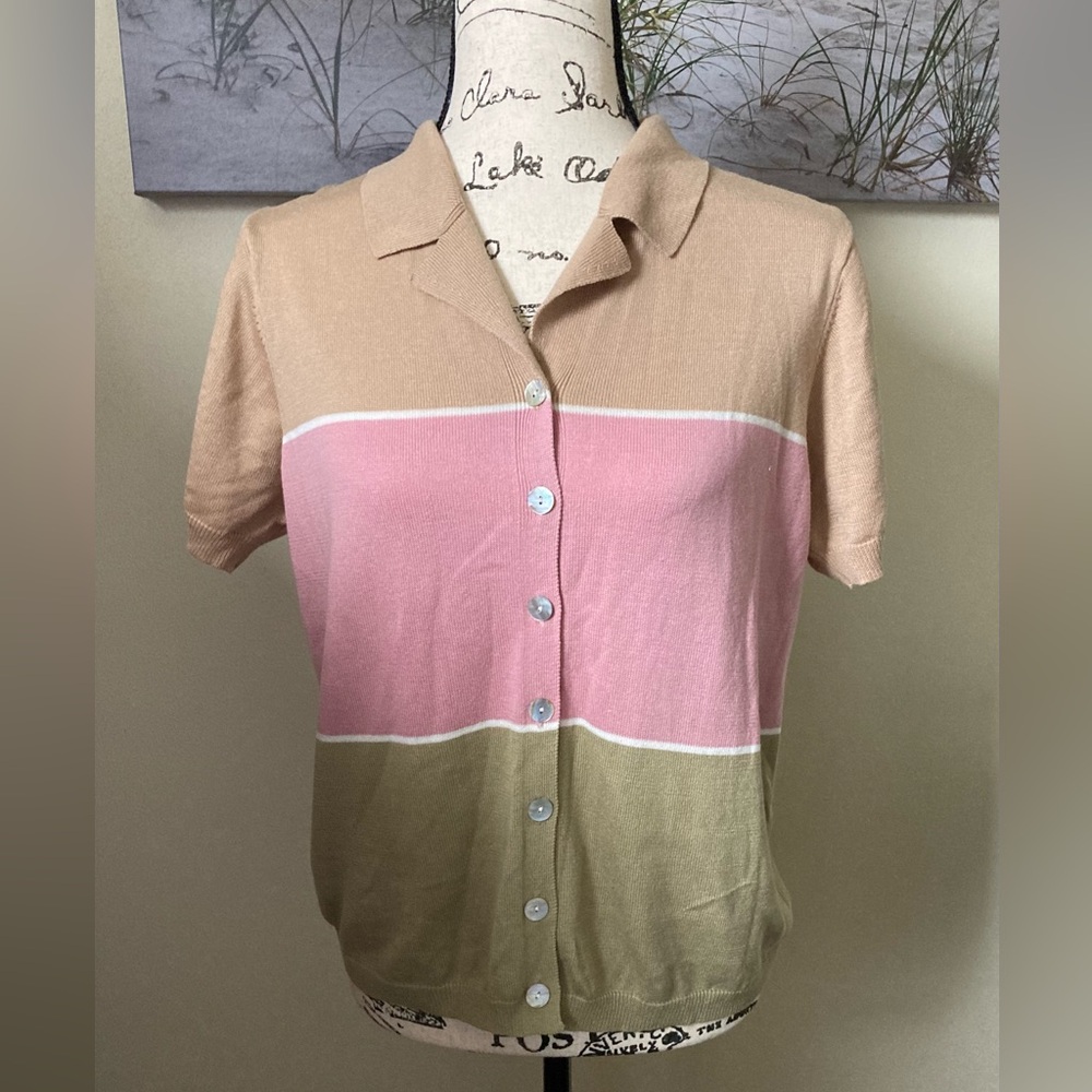 Brownstone Studio petites tricolored short sleeve sweater, size petite small